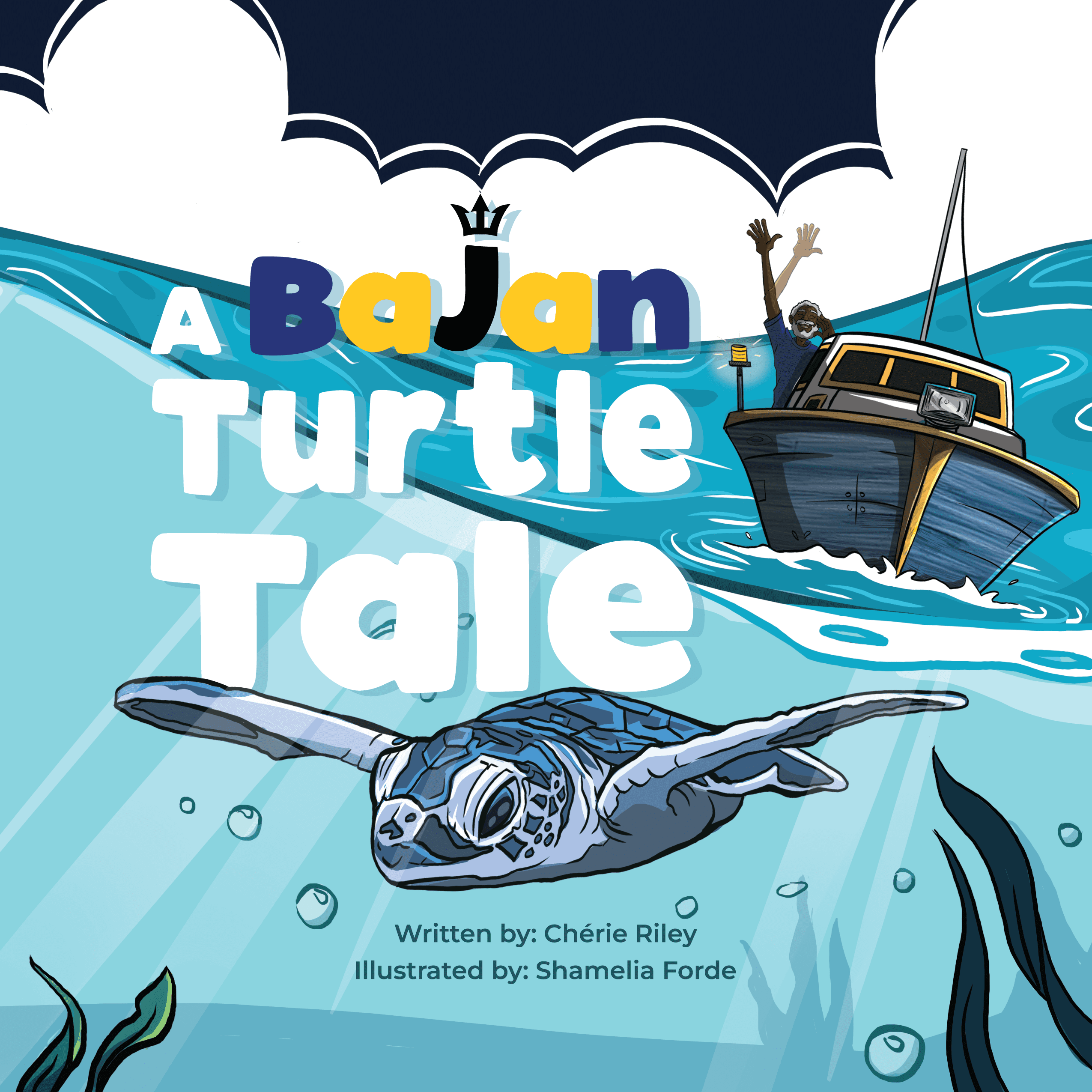 A hawksbill turtle swimming under a fishing boat with a fisherman waving